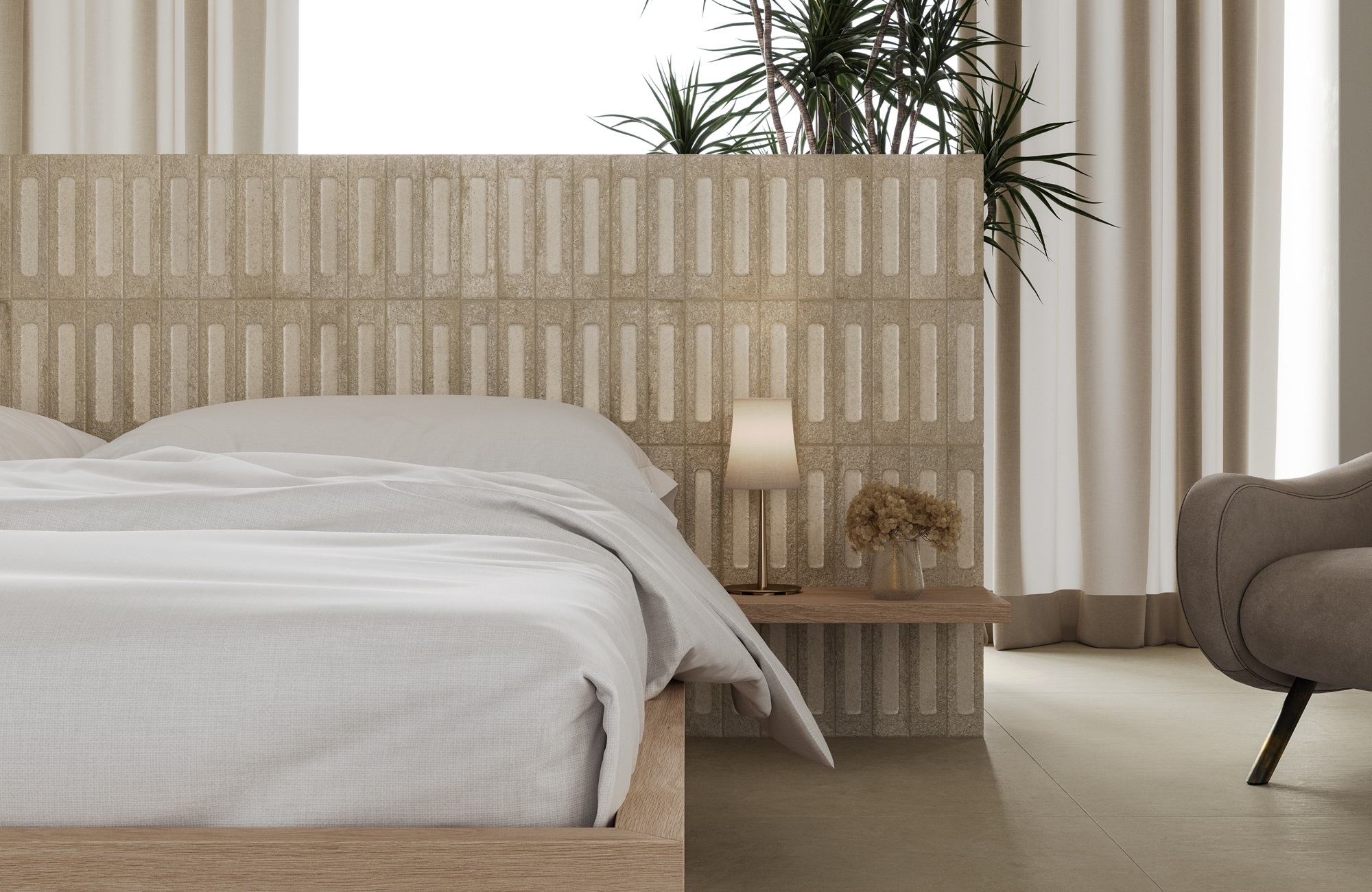 Simple bedroom with a neutral colour scheme and a tiled wall