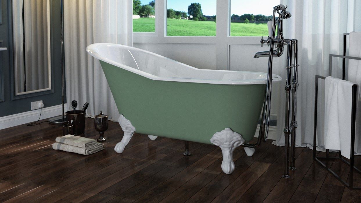 : A green and white claw-foot bathtub with rolled ends sits on a light-coloured wooden floor in a bathroom. The bathtub has nickel-plated claw feet and a drainpipe. There is a white towel rack with two white towels on the wall behind the bathtub. In the corner of the image, there is a small wicker basket filled with rolled-up white towels.