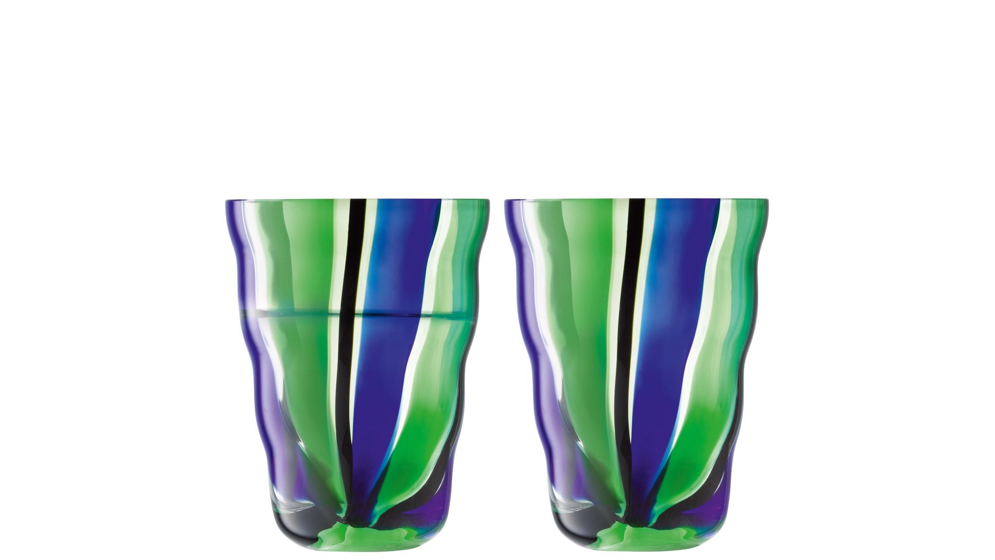 Two tall tumbler glasses. They are tall, cylindrical glasses with vibrant, abstract stripes in shades of green, blue, and black.