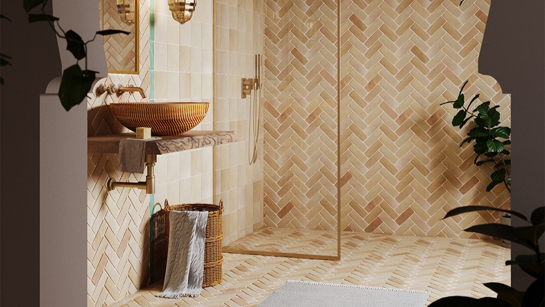 The intricate herringbone pattern and warm, earthy tones of the tiles are characteristic of Moroccan design.