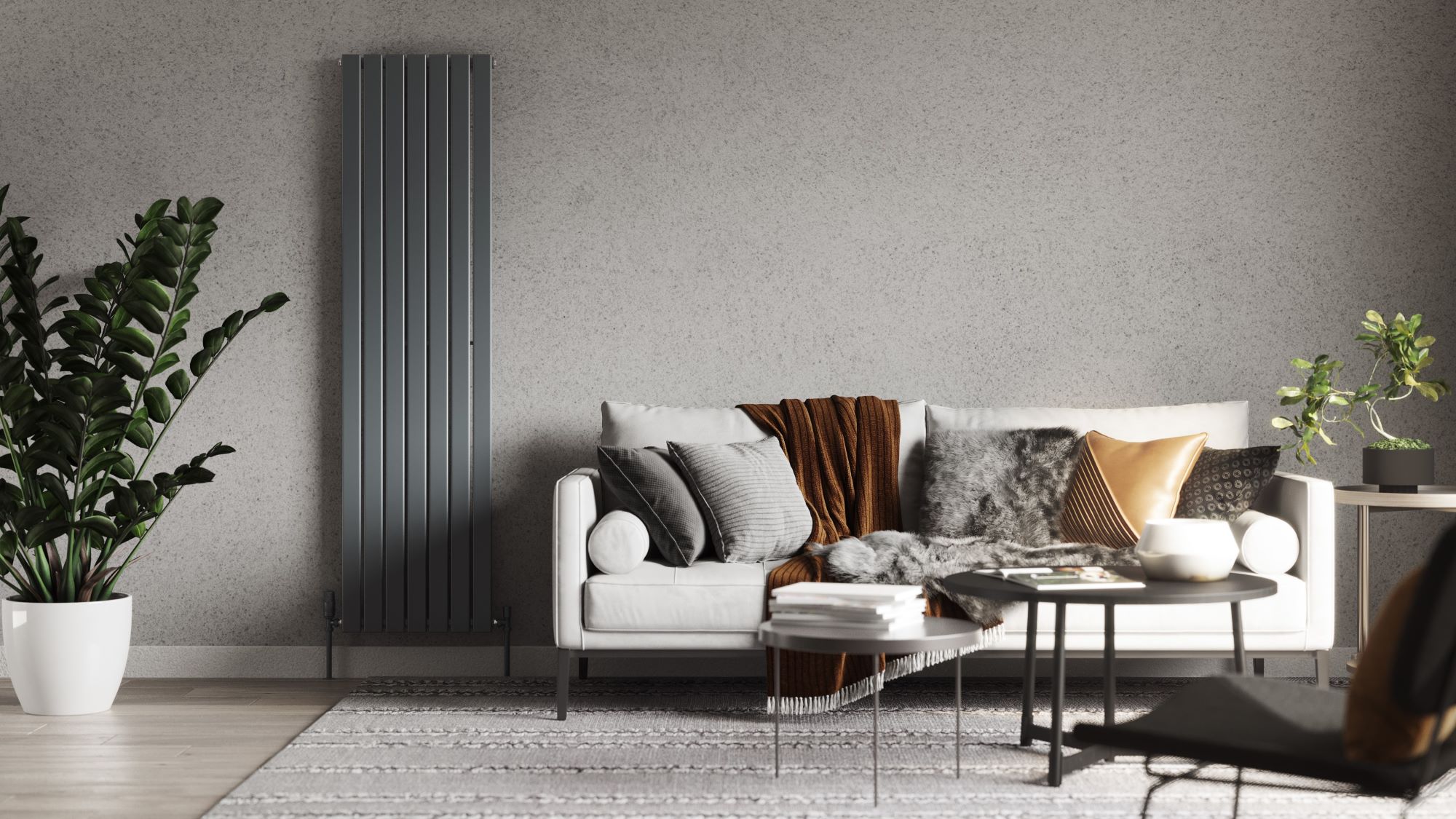 This image shows a serene sanctuary with the perfect blend of colours and texture and a large, vertical radiator